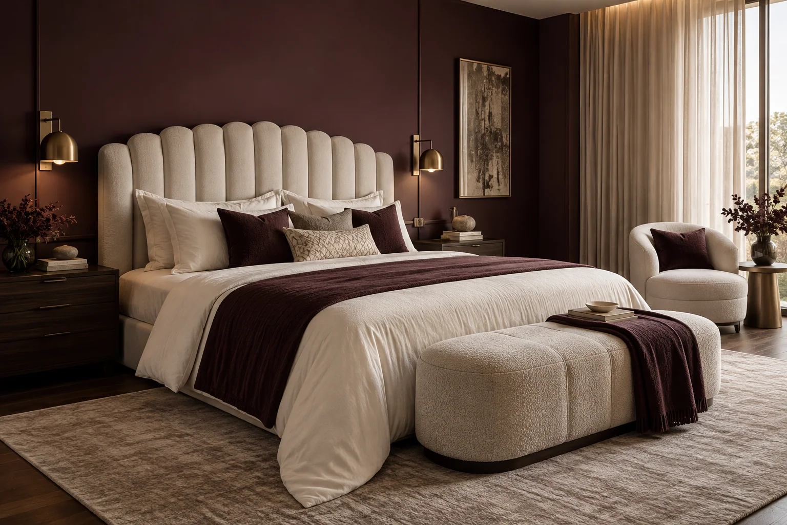Illustrative plum and cream bedroom with sculptural upholstered furniture